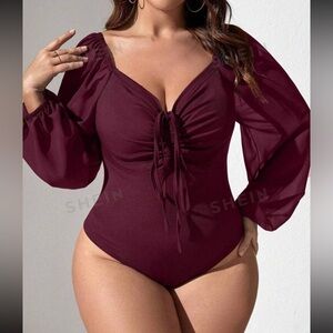 SHEIN Wine Ruched Long Sleeve Bodysuit